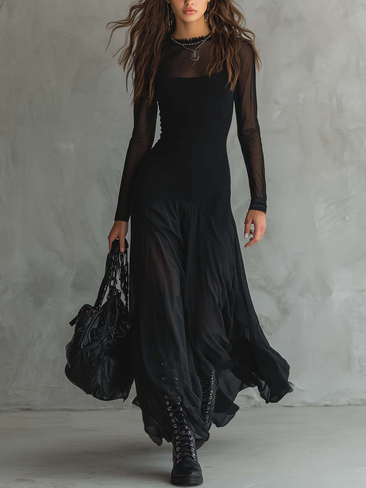 Enchanting Vintage Inspired Featherweight Fabric Delicate Sheer Sleeves Maxi Dress