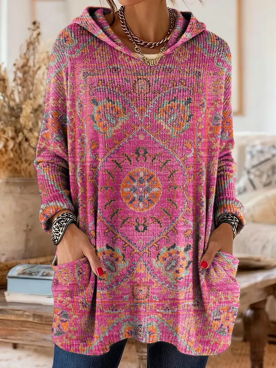 Vintage-inspired hoodie tunic with pockets and ethnic print