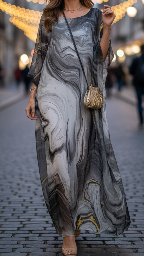 Women’s Golden Chiffon Kaftan Maxi Dress – Elegant Batwing Sleeve Evening Wear Dress