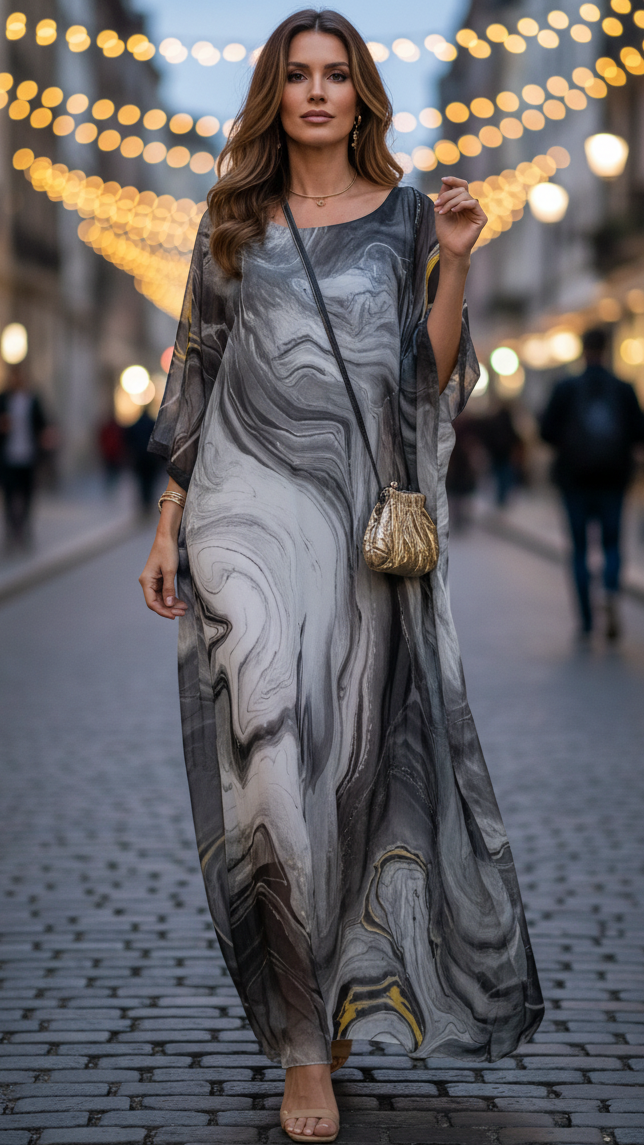 Women’s Golden Chiffon Kaftan Maxi Dress – Elegant Batwing Sleeve Evening Wear Dress