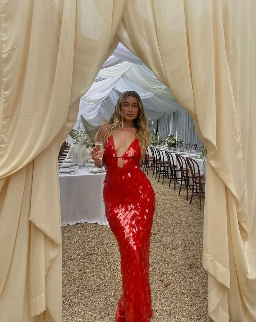 Enchanting Backless Sequin With Timeless Wedding Guest Eveningwear Detailing Dress