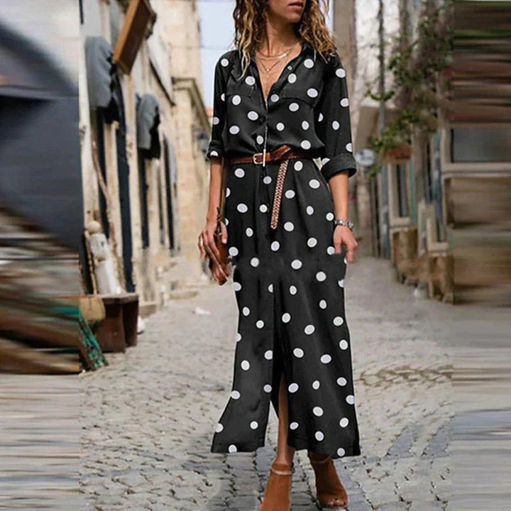 Women’s Polka Dot Maxi Dress – Crepe Georgette Long Sleeve Waist Tie Elegant Dress