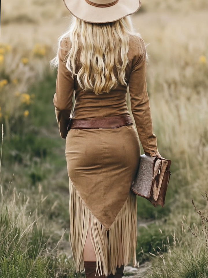 Luxurious Suede Western Lapel Zipper Tassel Belt Midi Dress