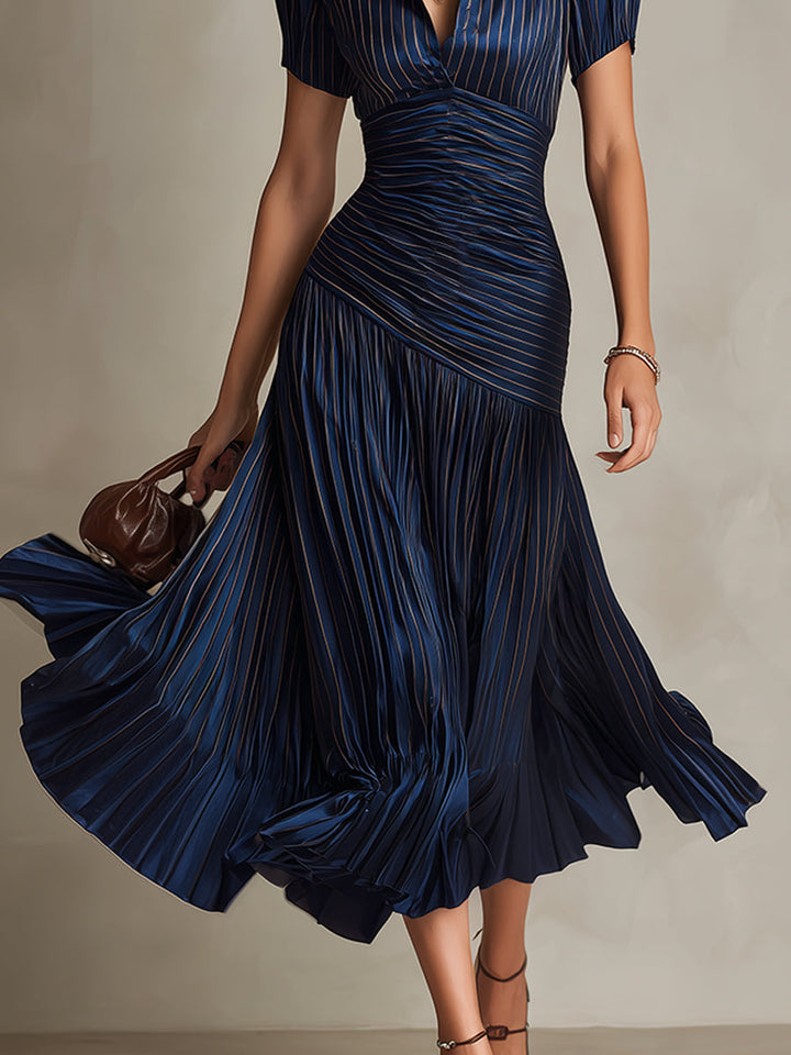 Glamorous Timeless Retro Striped Satin Pleated Silhouette Evening Luxe Midi Dress
