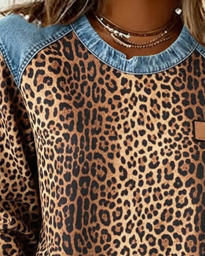 Leopard Print Denim Patchwork Pullover