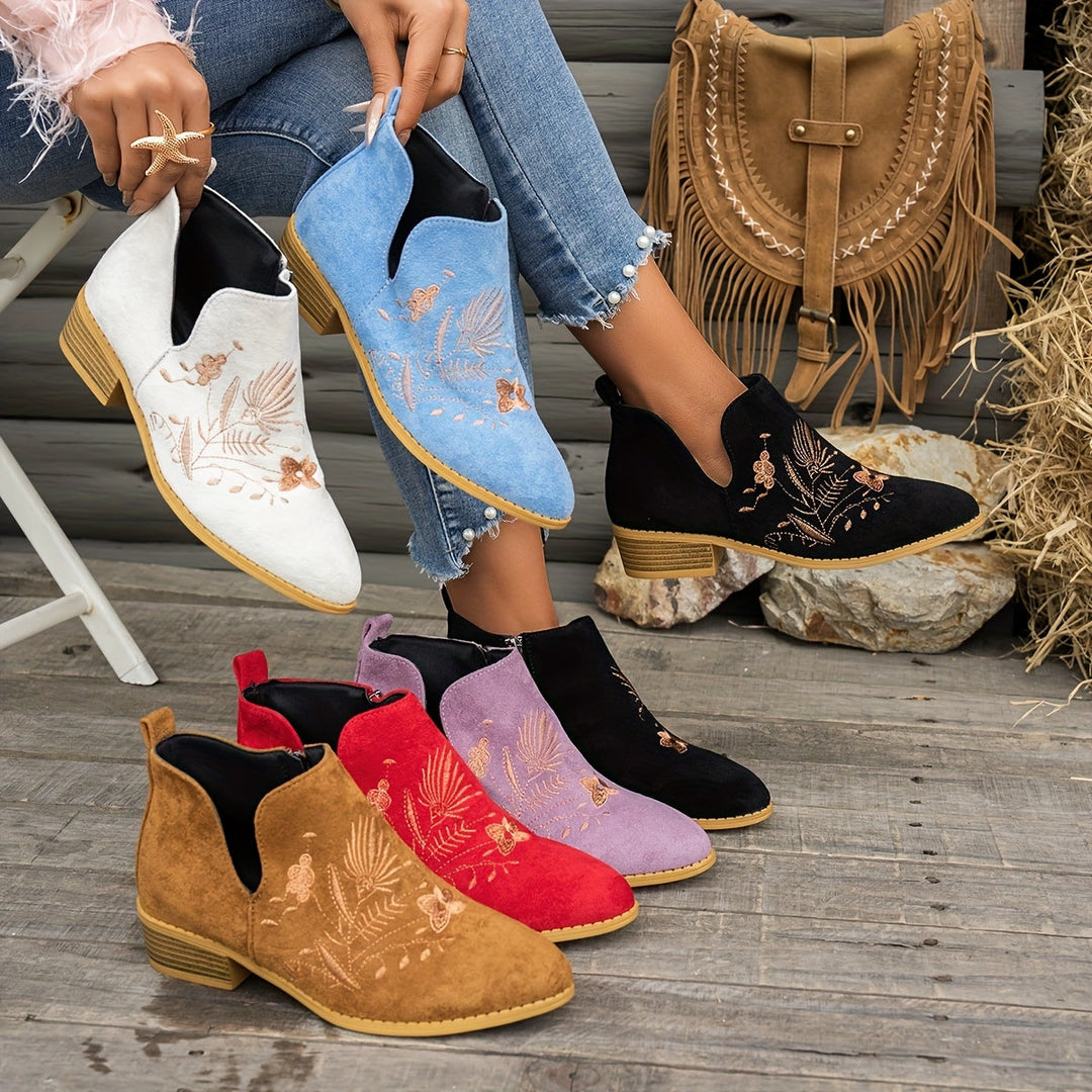 Isadora | Embroidered Low Heel Ankle Boots