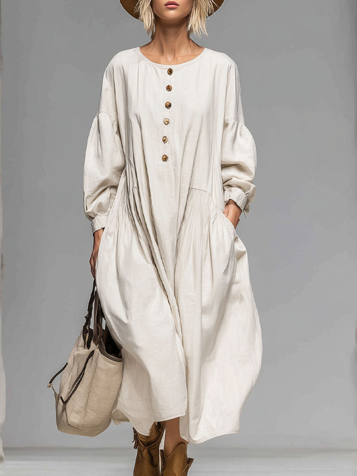 Women’s Cotton Midi Dress – Luxurious Button Front with Spacious Pockets All-Day Comfort Dress