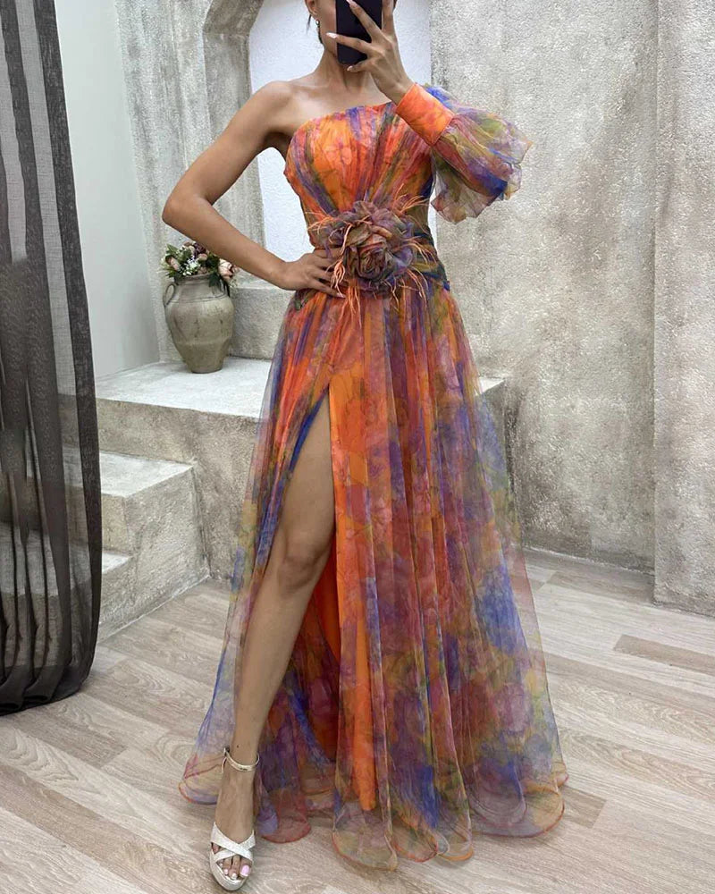 Women’s Satin Georgette Dress – Elegant Wrap Silhouette Side Slit Wedding Guest Dress