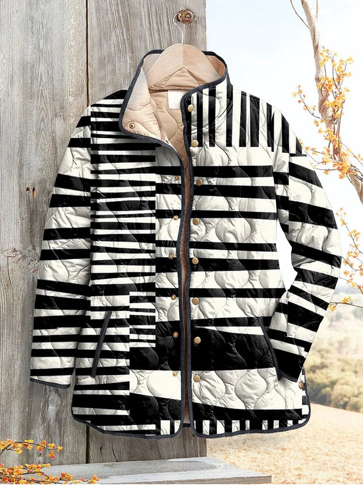 Women's Black and White Abstract Quilted Jacket in Casual Style