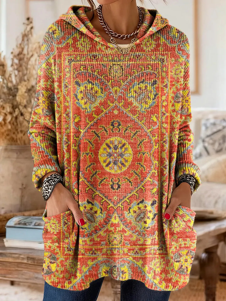 Vintage-inspired hoodie tunic with pockets and ethnic print