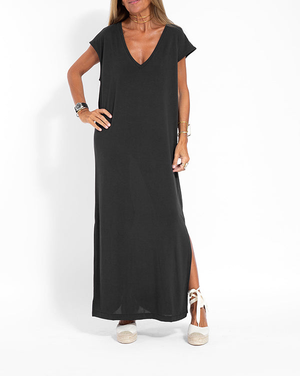 Couture-Inspired V-Neck Side-Slit Ultra-Soft Jersey Season-Long Coral Maxi Dress