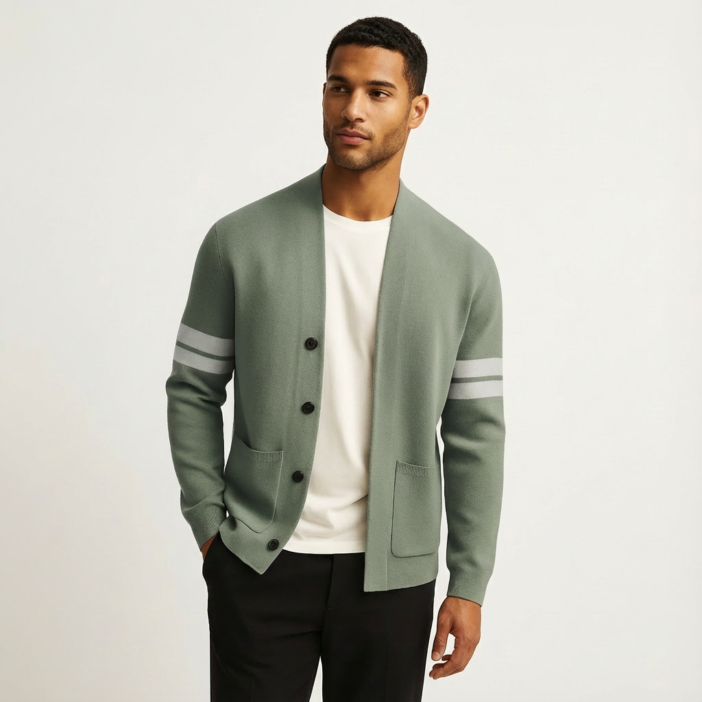 Classic Merino Men's Cardigan with Striped Sleeves