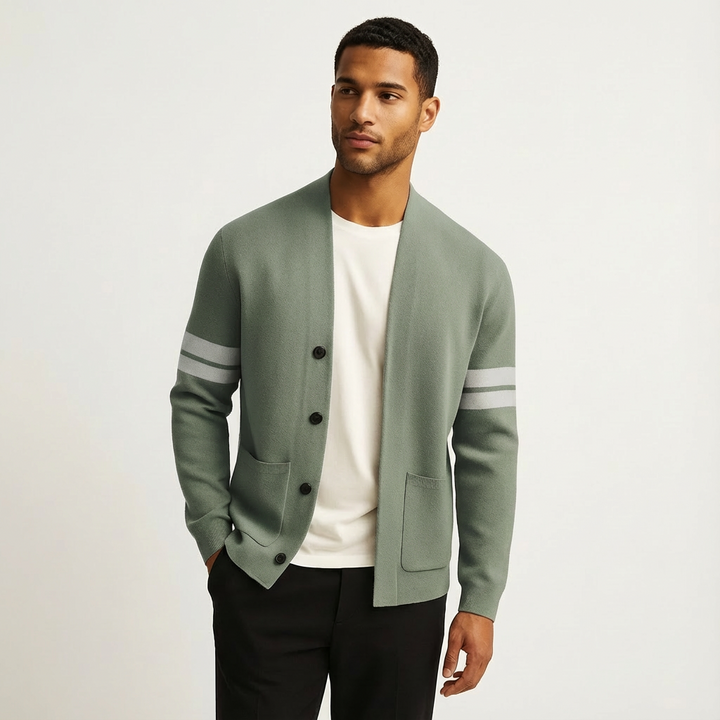 Classic Merino Men's Cardigan with Striped Sleeves