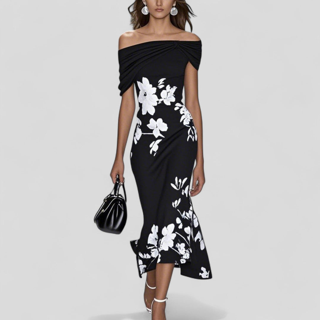 Luxurious Sophisticated Sage Botanical Print Off-Shoulder Ruffle-Edge Hem Midi Dress