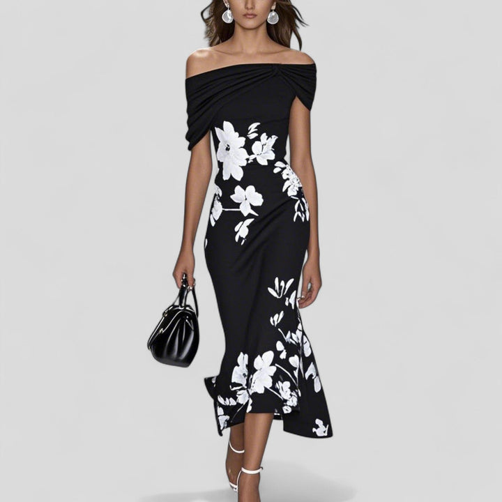 Luxurious Sophisticated Sage Botanical Print Off-Shoulder Ruffle-Edge Hem Midi Dress