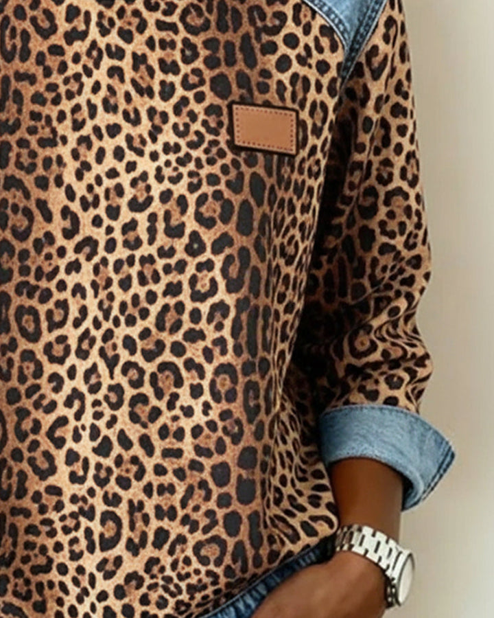 Ladies Sweatshirt with Leopard Print and Denim Patchwork