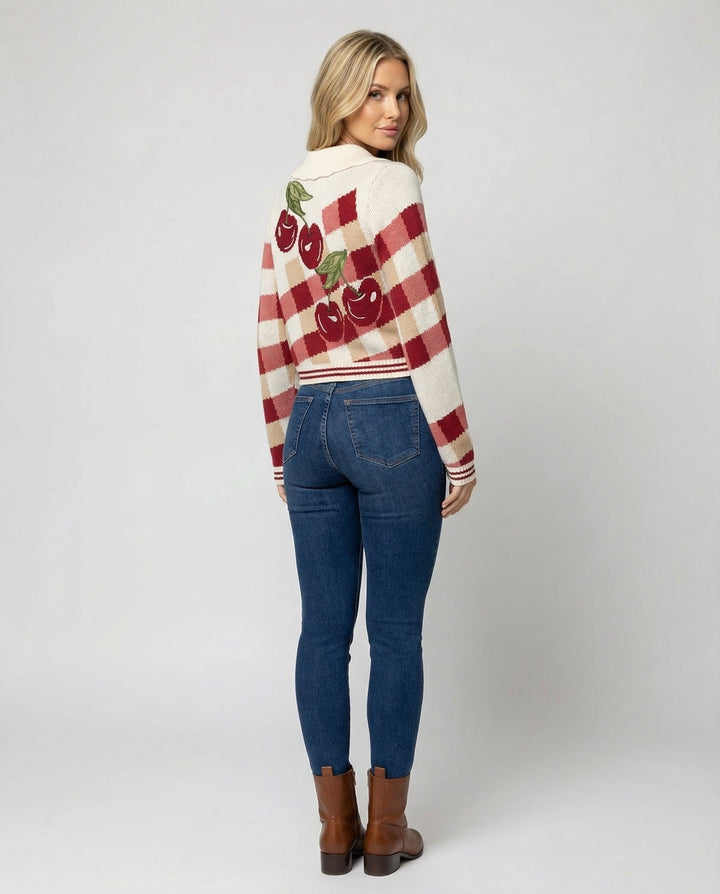 Ladies Short Knitted Cardigan with Cherry Blossom Floral Pattern