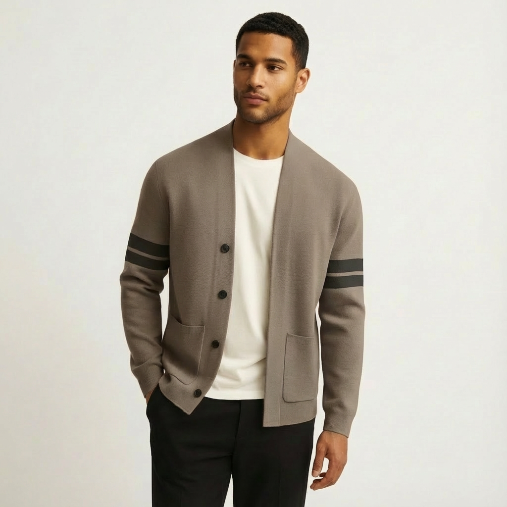 Classic Merino Men's Cardigan with Striped Sleeves