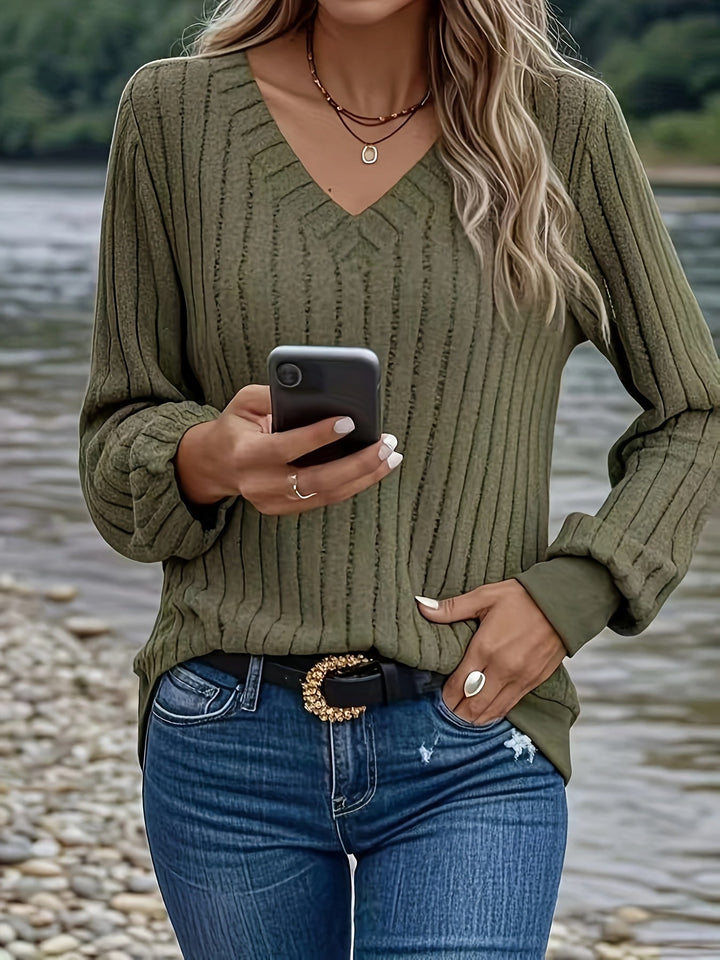 Joan - Stylish Rib V-Neck Sweatshirt