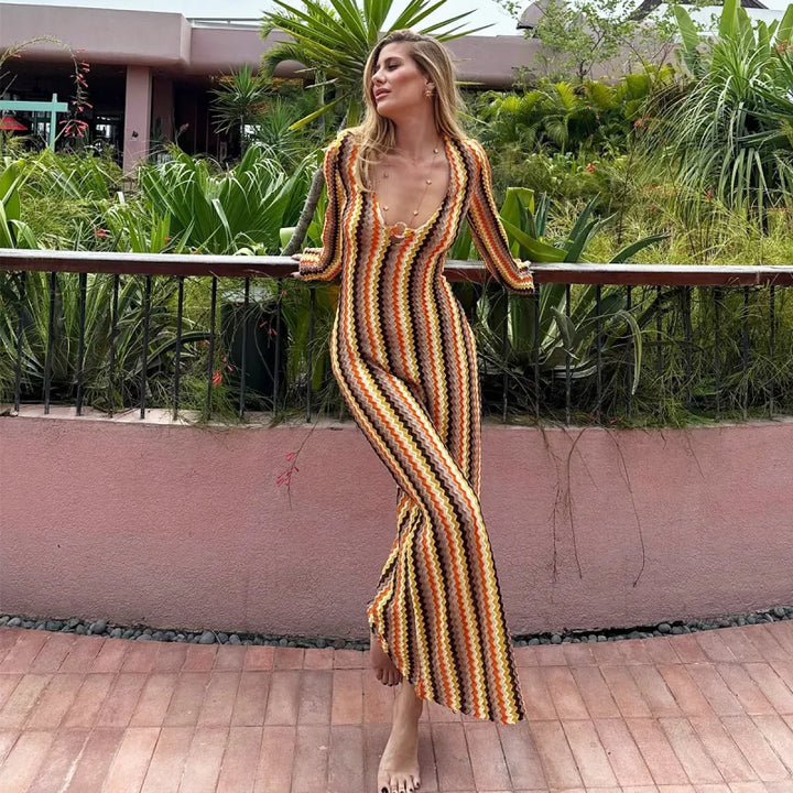 Lainey | Women’s Maxi Dress with Deep V-Neck and Chevron Pattern