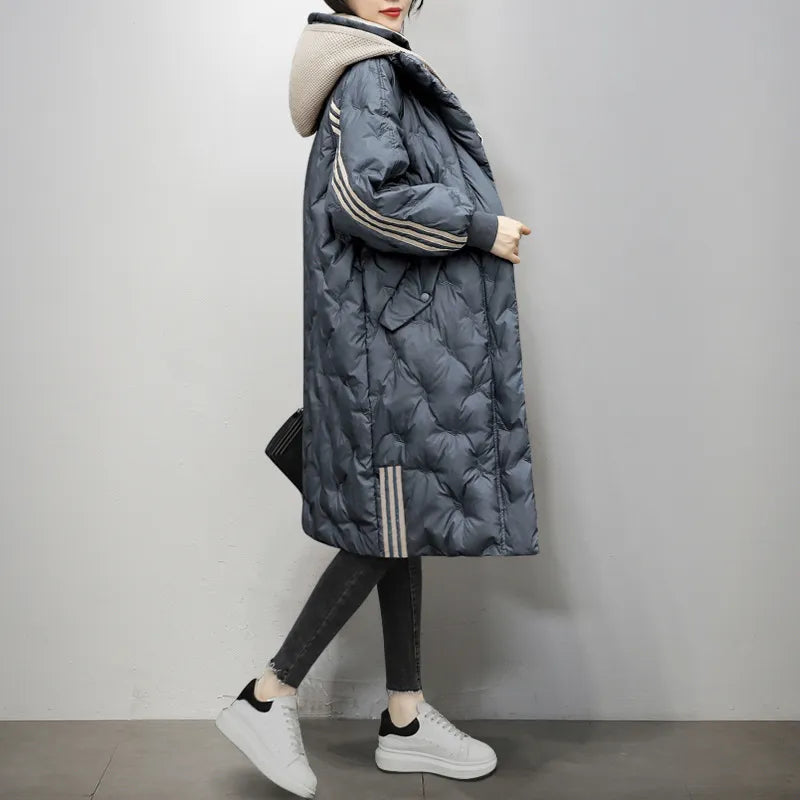 Isabelle | Women's Quilted Long Coat with Hood and Stripes