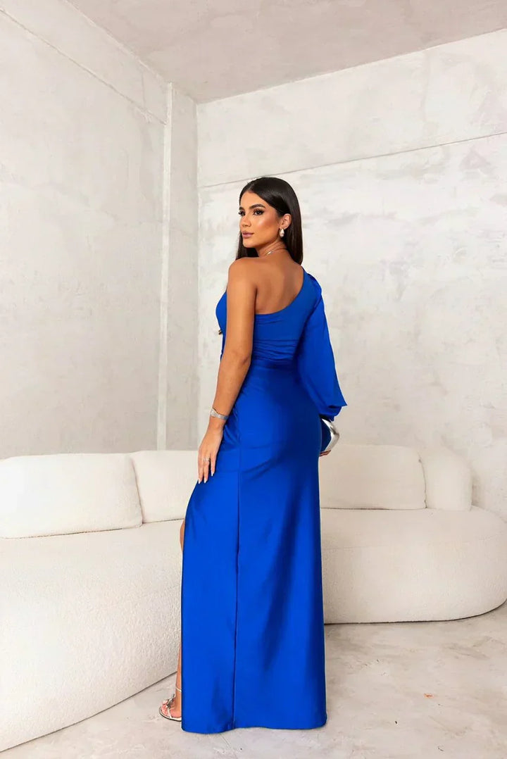 Elegant One Shoulder Flowing Sheer Sleeves Relaxed Fit Women&