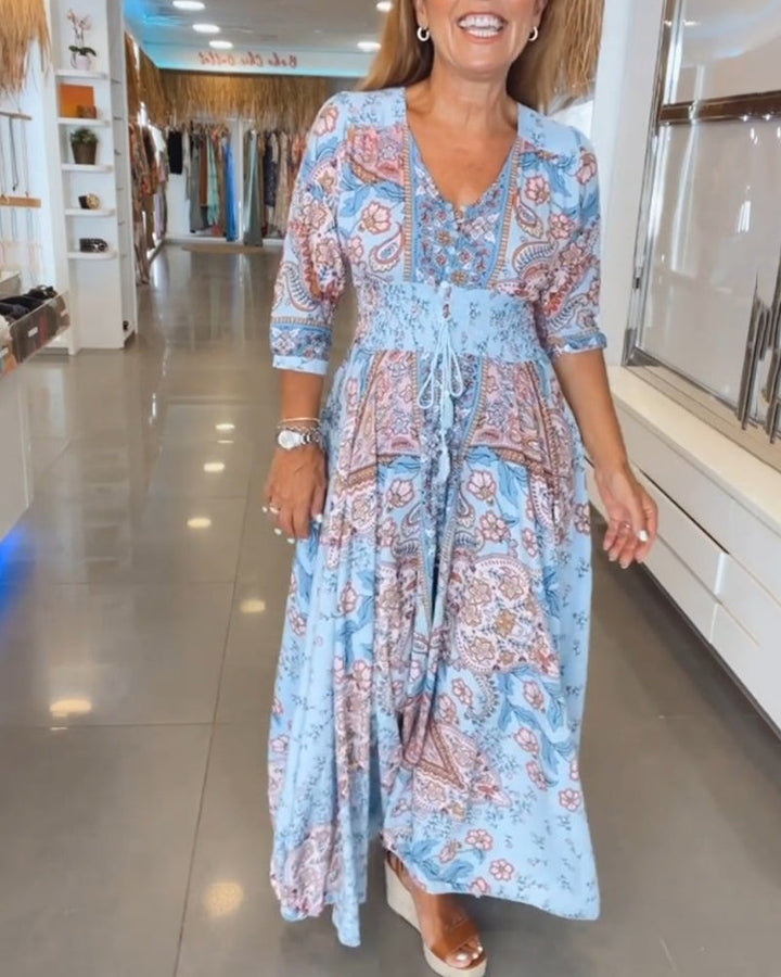 Women’s Boho Chic Paisley Maxi Dress – V-Neck Lightweight Cotton Blend Three-Quarter Sleeve Dress