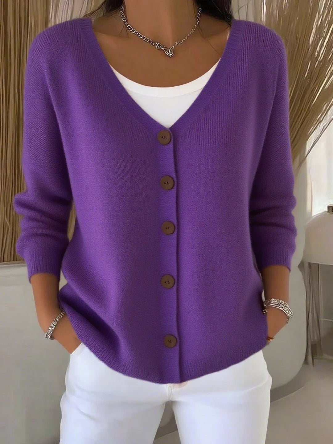 Olivia - Long Sleeve V-Neck Button Sweater