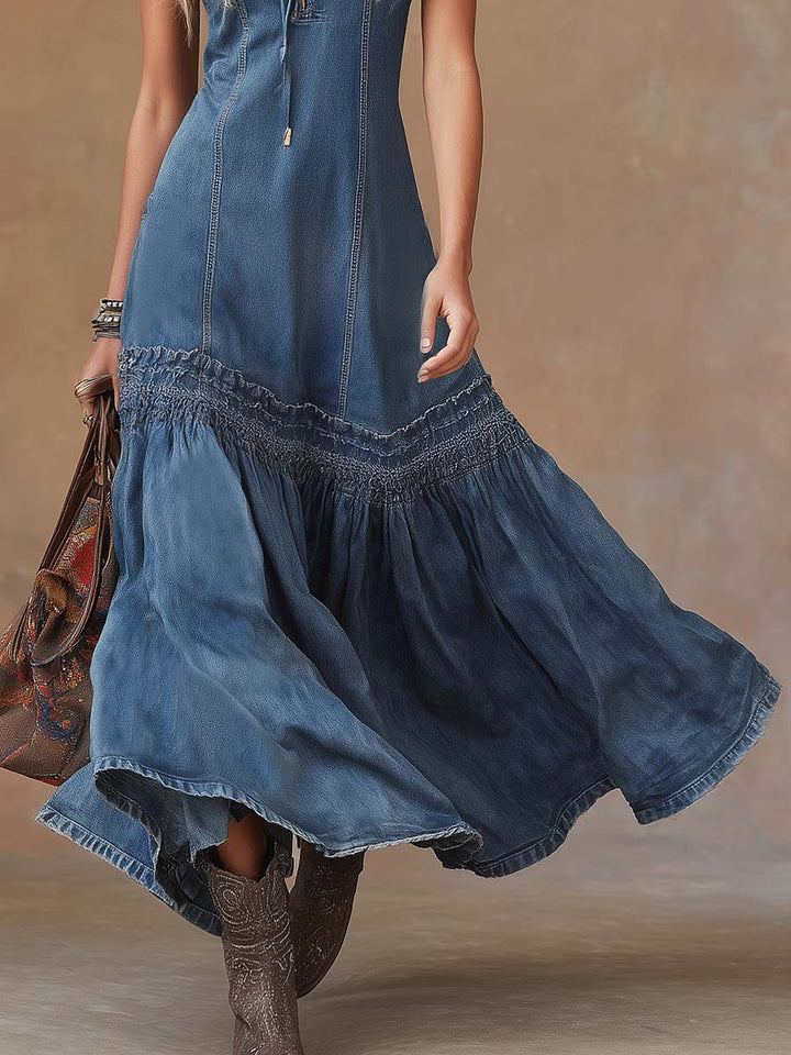 Elegant Timeless Vintage Western Tie-Neck Premium Denim Texture BubbleHem MaxiDress