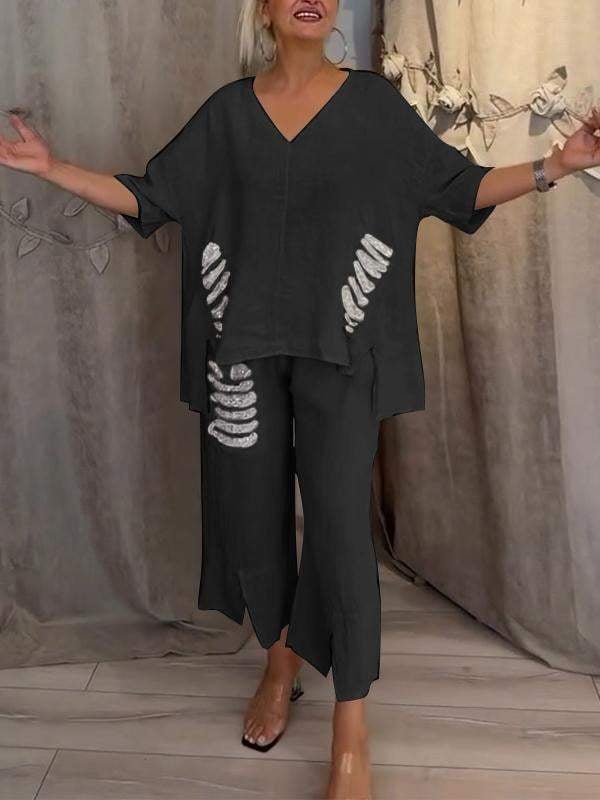 Valerie | Casual 2-Piece Set with V-Neck Top and Cropped Trousers