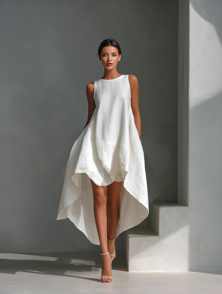 Women’s Linen Midi Dress – Sleeveless Round Neck Asymmetric Hem Elegant Dress