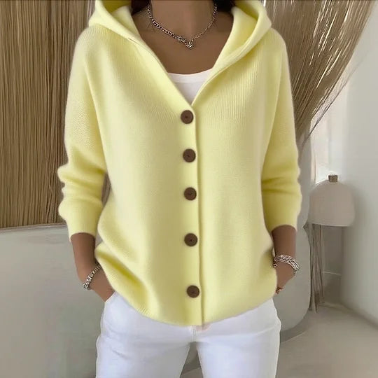 Casual Knitted Cardigan with Hood and Button Front