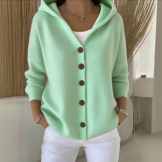 Casual Knitted Cardigan with Hood and Button Front