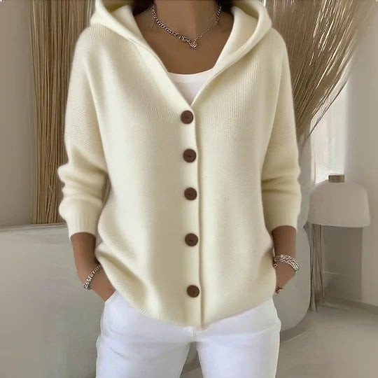 Casual Knitted Cardigan with Hood and Button Front