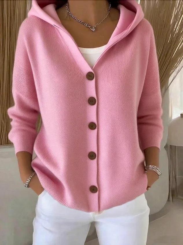 Casual Knitted Cardigan with Hood and Button Front
