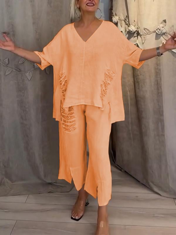 Valerie | Casual 2-Piece Set with V-Neck Top and Cropped Trousers