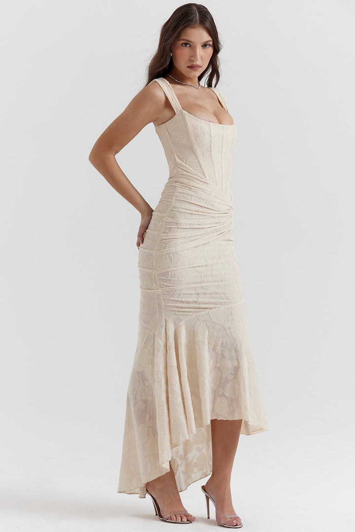 Luxuriously Exquisitely Ruched Lace Contoured Silhouette All-Night Bodycon Dress