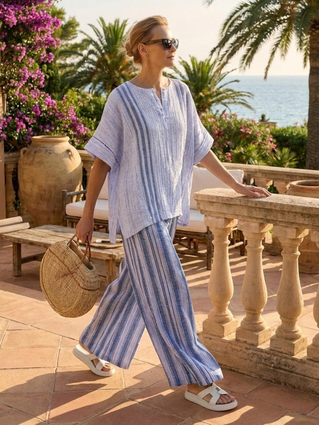 Wren | Striped Two-Piece Set with Wide-Leg Trousers and Tee