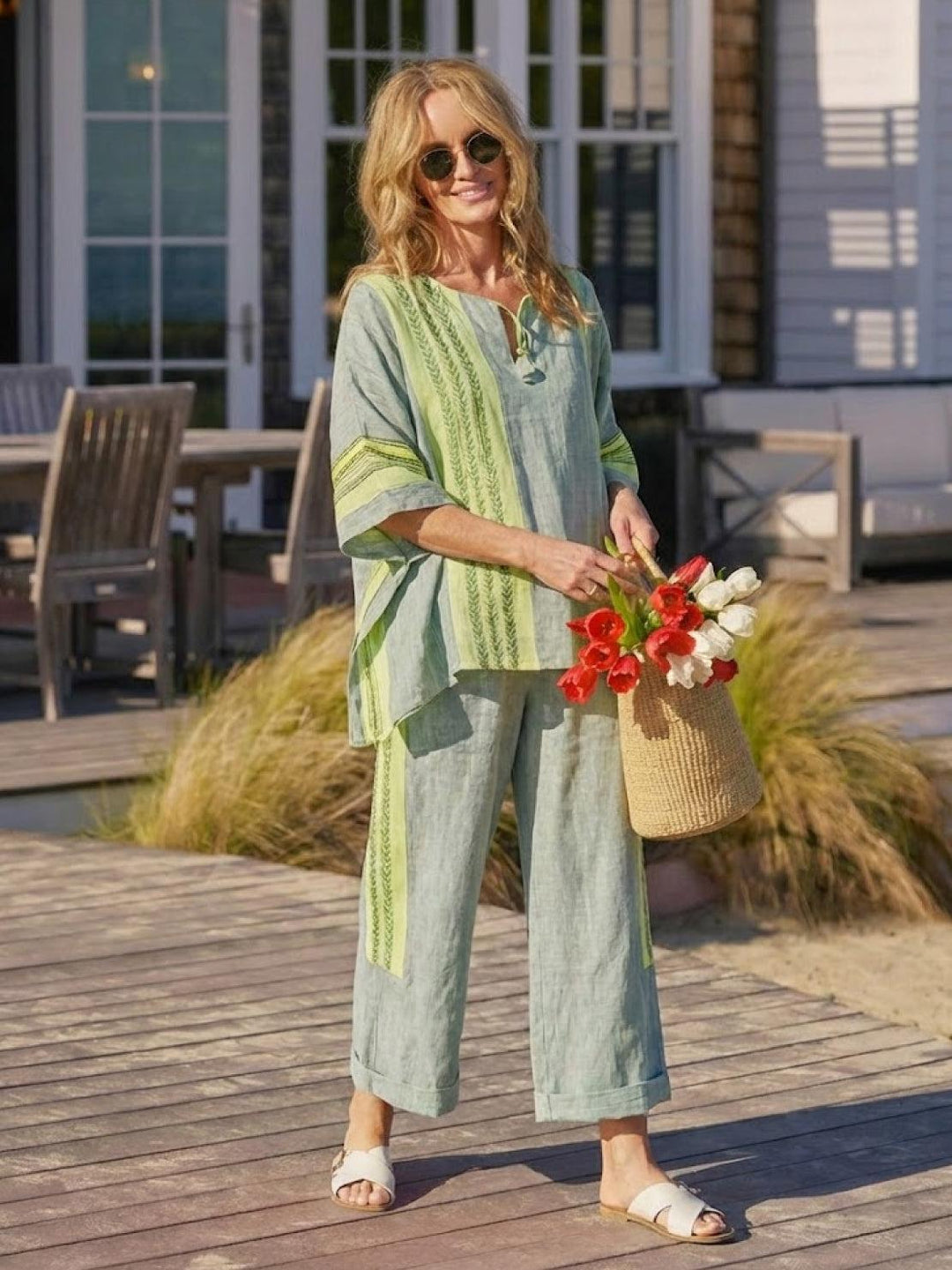 Wren | Striped Two-Piece Set with Wide-Leg Trousers and Tee