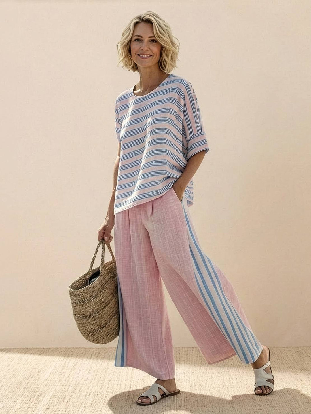 Wren | Striped Two-Piece Set with Wide-Leg Trousers and Tee