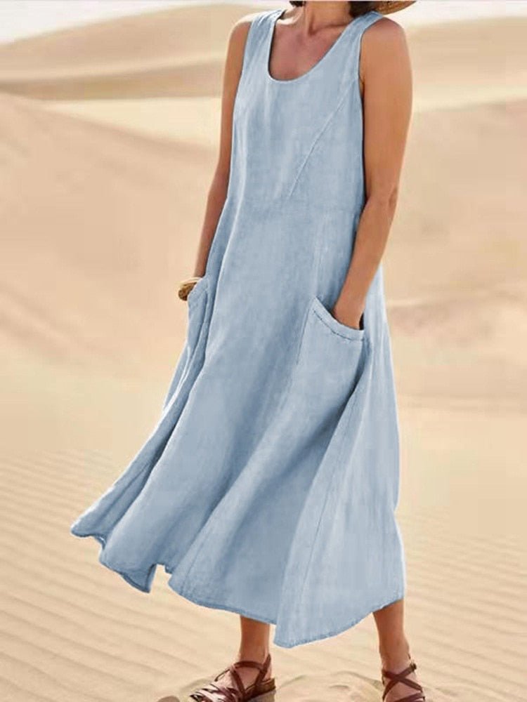 Effortless Elegant Sage Linen Sleeveless Maxi With Pockets Dress