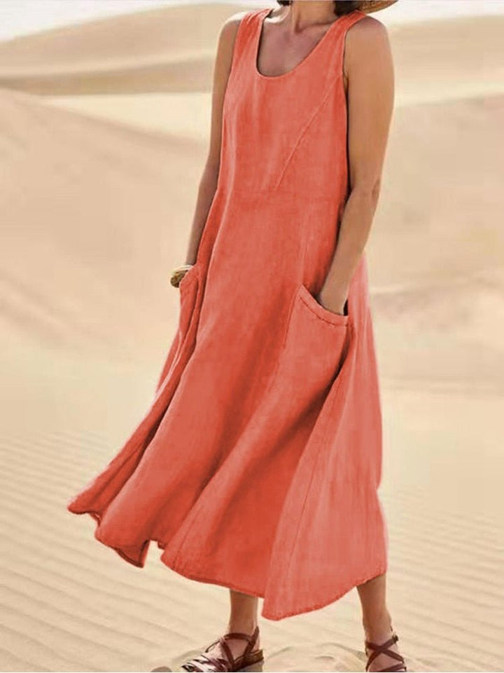 Effortless Elegant Sage Linen Sleeveless Maxi With Pockets Dress