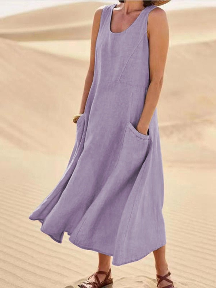 Effortless Elegant Sage Linen Sleeveless Maxi With Pockets Dress