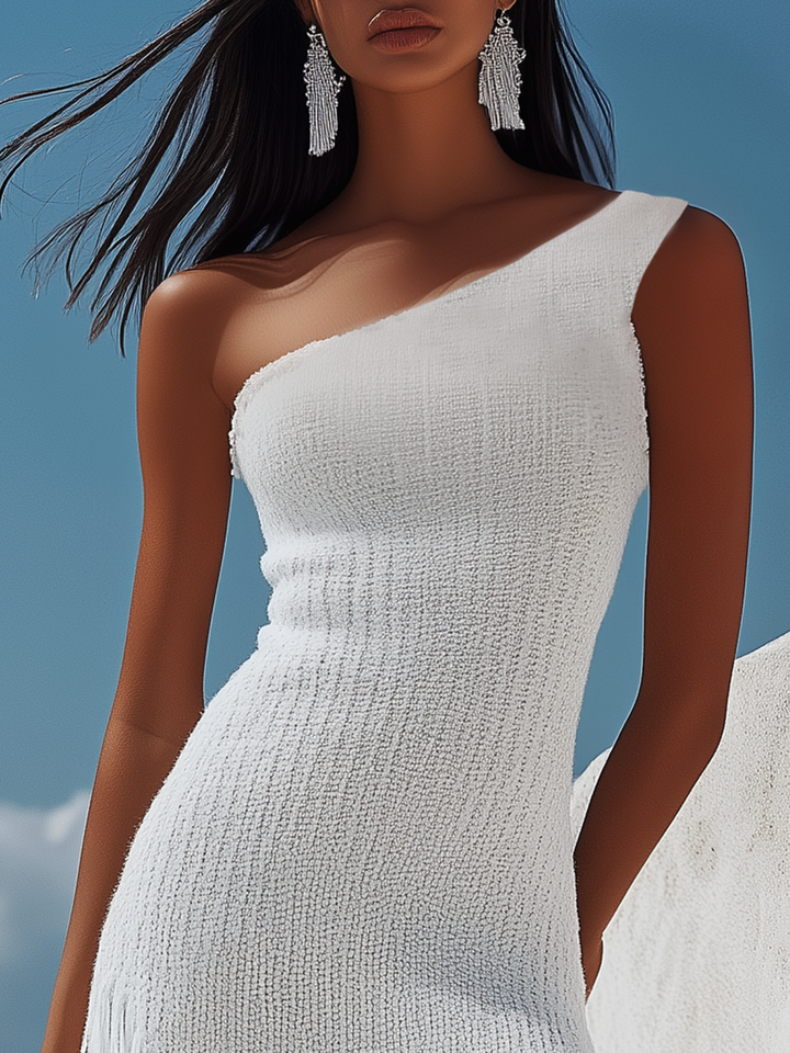 Women’s Cotton Blend Midi Dress – One Shoulder Statement Knit Tassel Accent Textured Dress