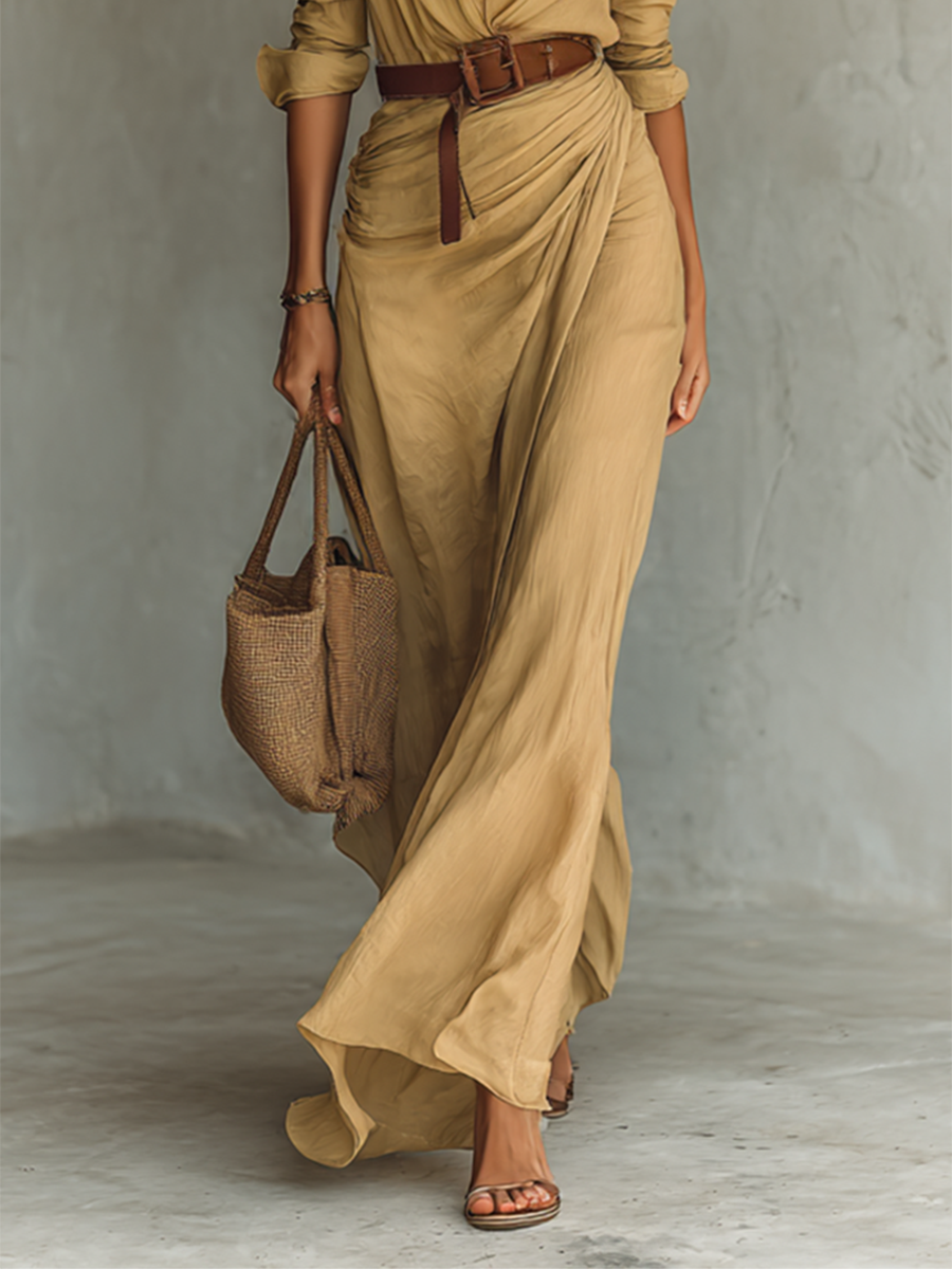 Women’s Crepe Georgette Maxi Dress – Elegant Lapel Single Breasted Belted Long Sleeve Dress