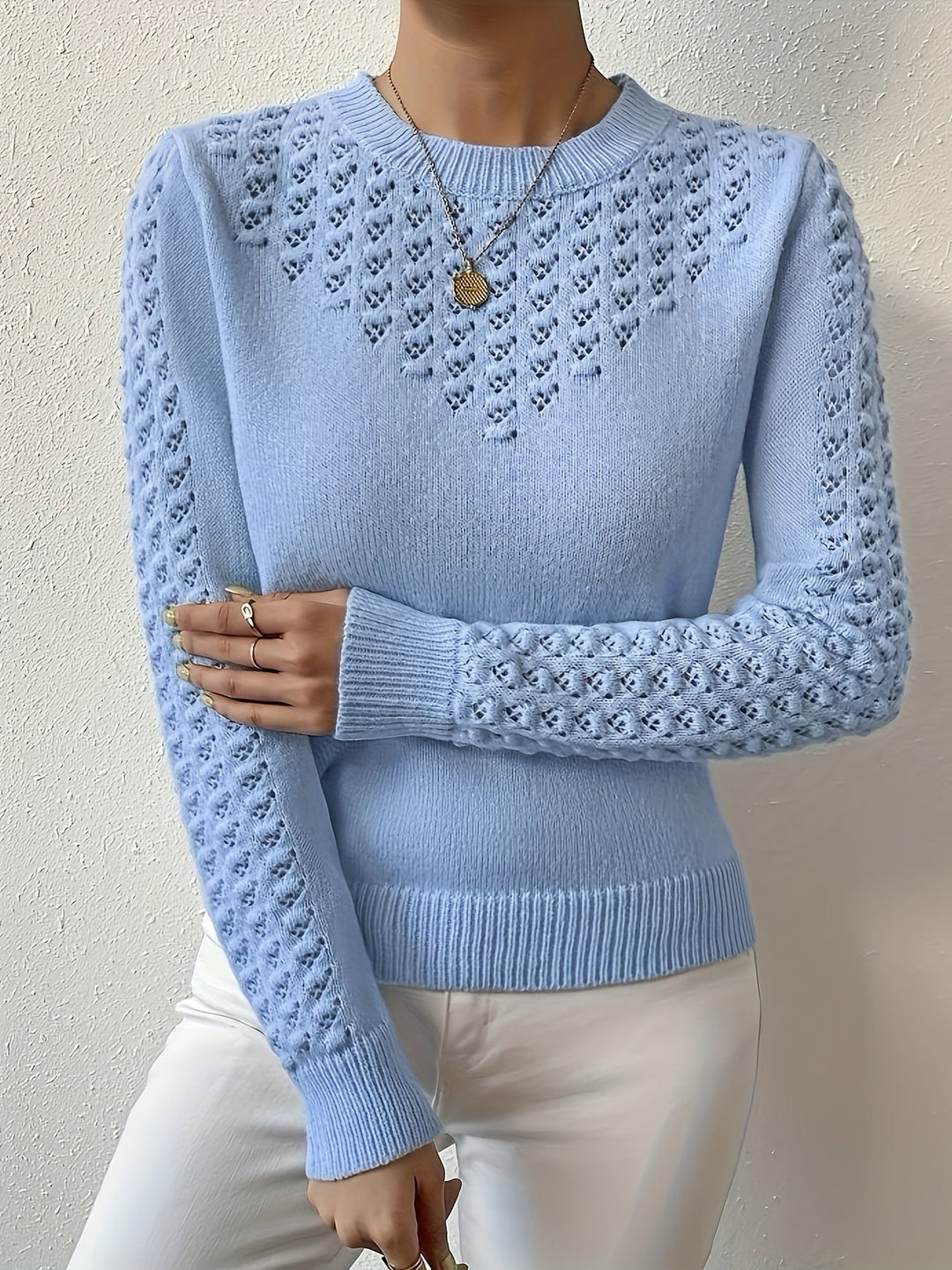 Aveline | Pointelle Knit Round Neck Sweater