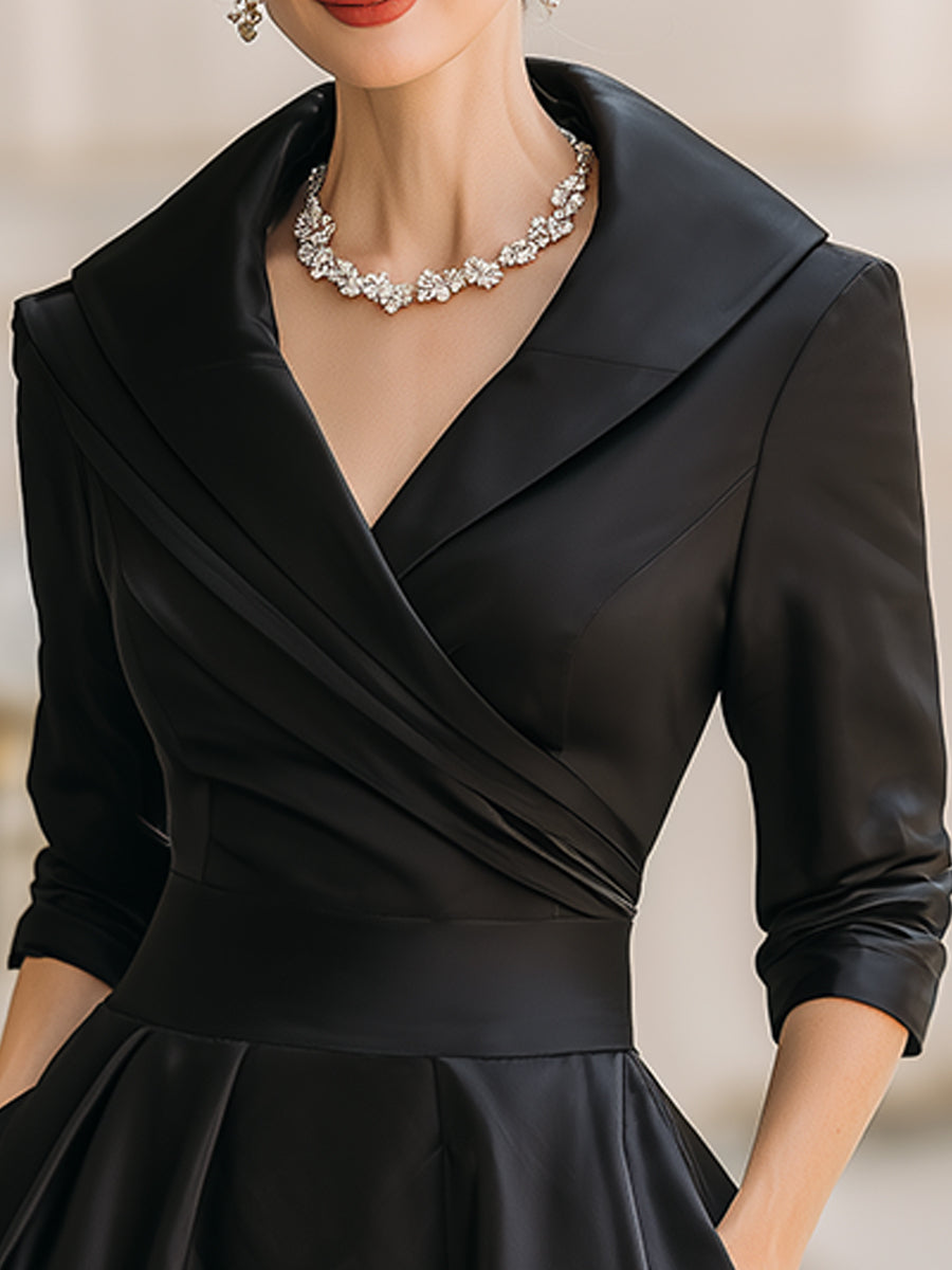 Vintage Inspired Draped Shawl Collar Black Satin Elegantly Fitted Bodice Midi Dress
