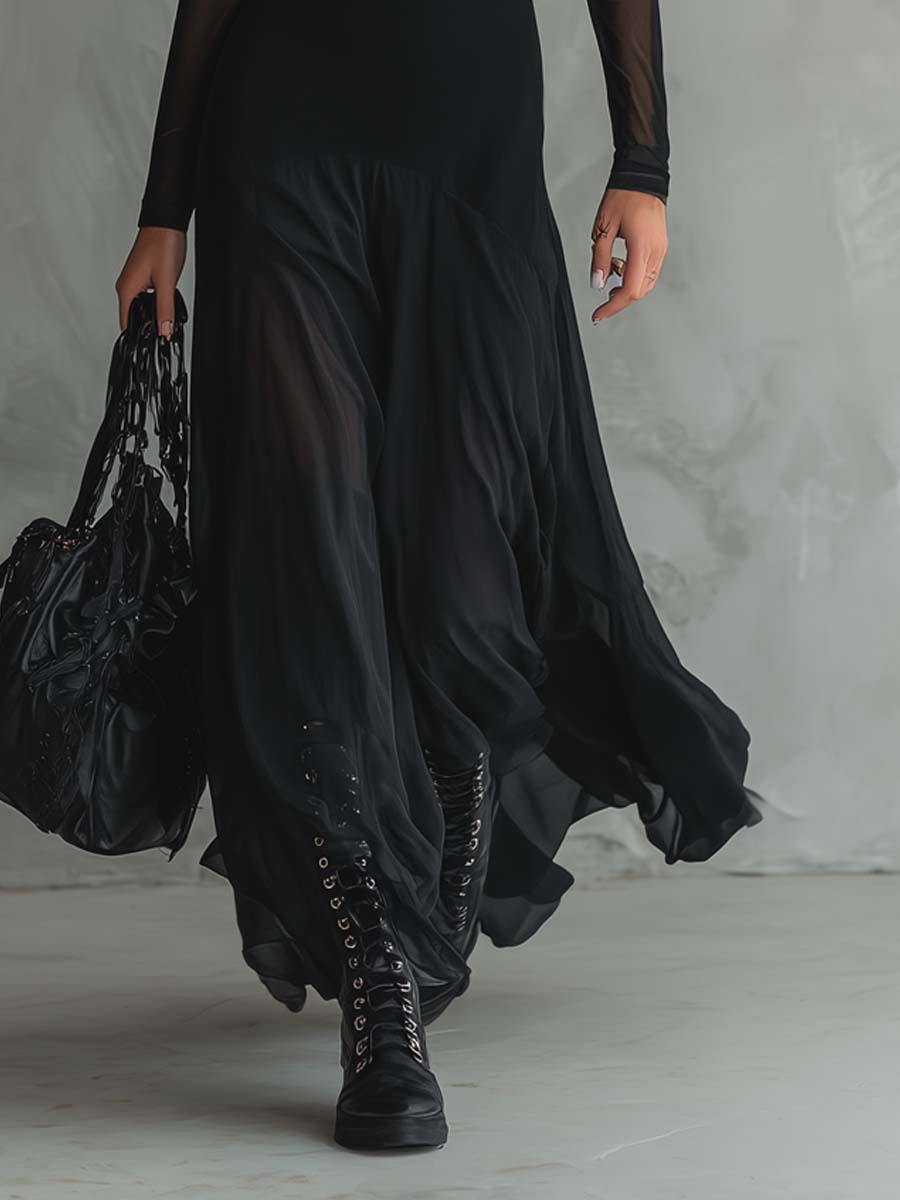 Enchanting Vintage Inspired Featherweight Fabric Delicate Sheer Sleeves Maxi Dress