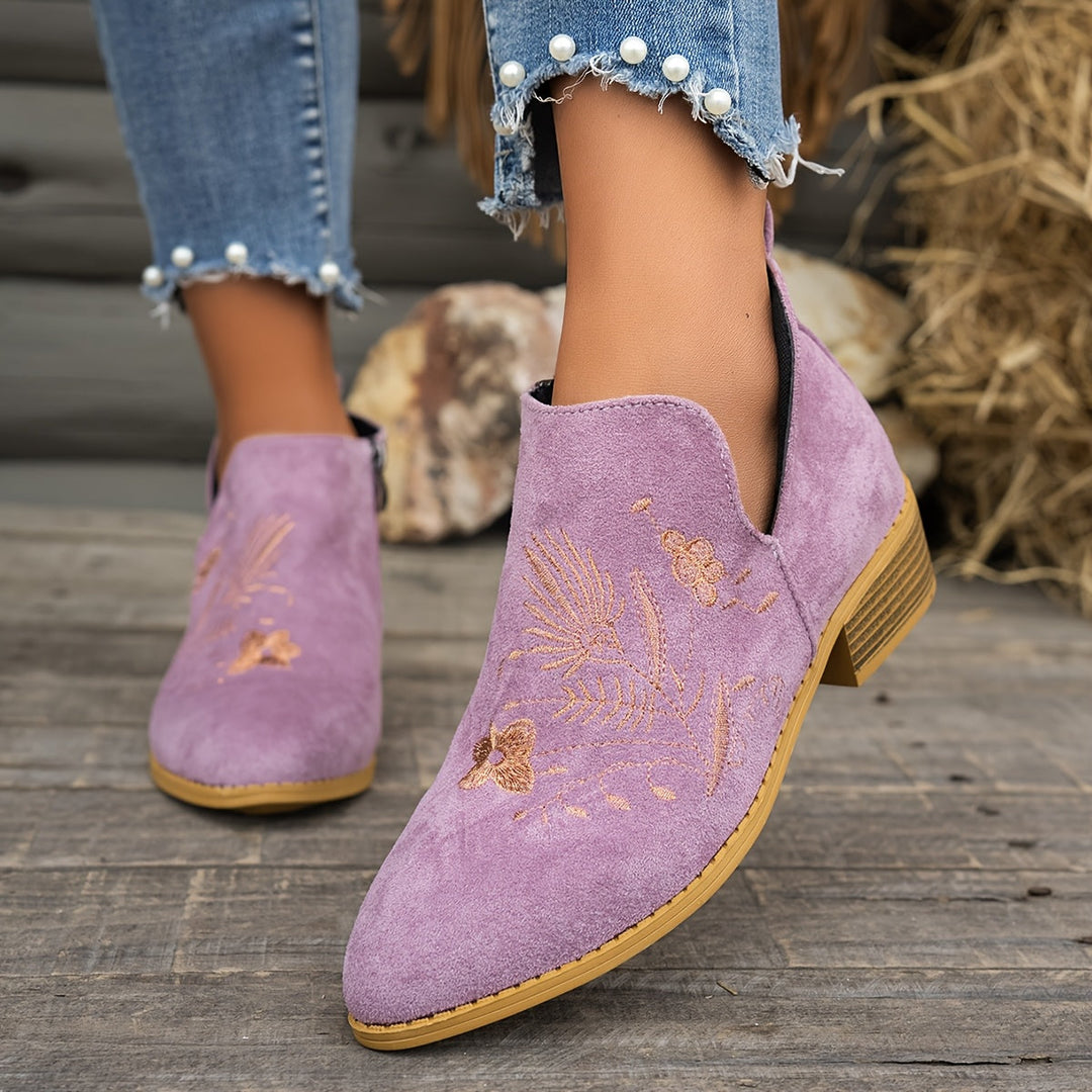 Isadora | Embroidered Low Heel Ankle Boots