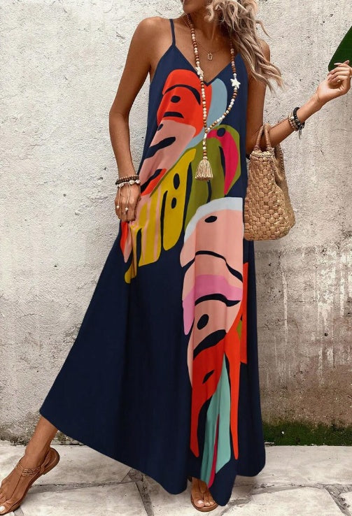 Vibrant Tropical Leaf Print Georgette Ultra Lightweight Flowing Silhouette Maxi Dress